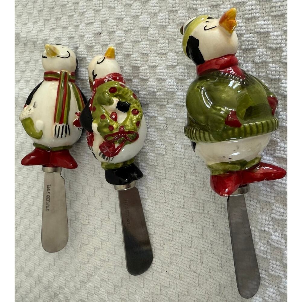 Set of 3 Stainless Steel & Ceramic Debbie Mumm Holiday Cheese Spreaders EUC
